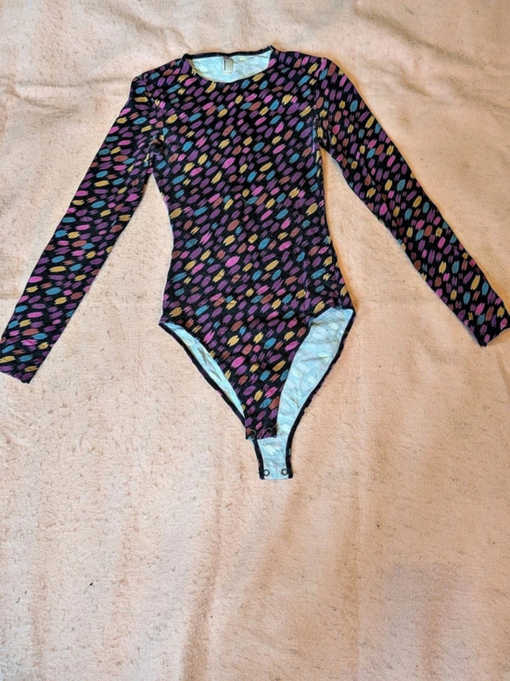 American Apparel Long Sleeve Abstract Bodysuit in Black & Multicolor
